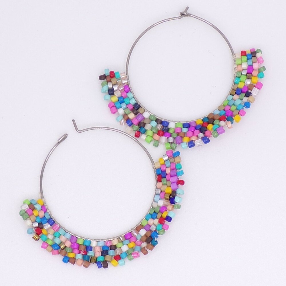Hand made rainbow hoop earrings.